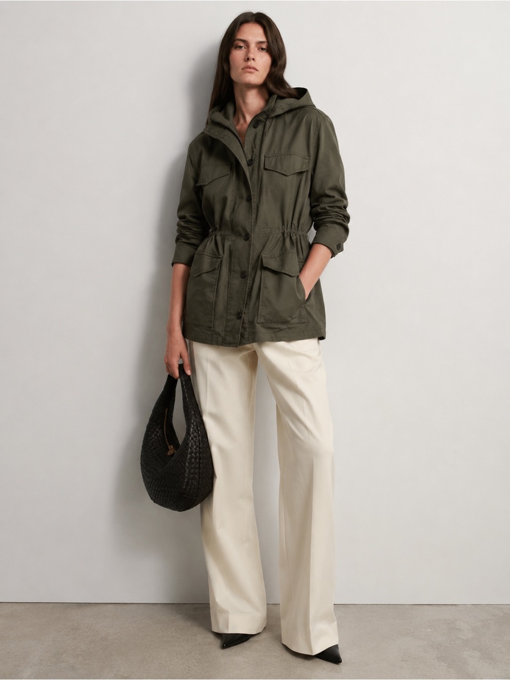 Babaton Cotton-Linen Hooded Utility Cargo Jacket in Army Green